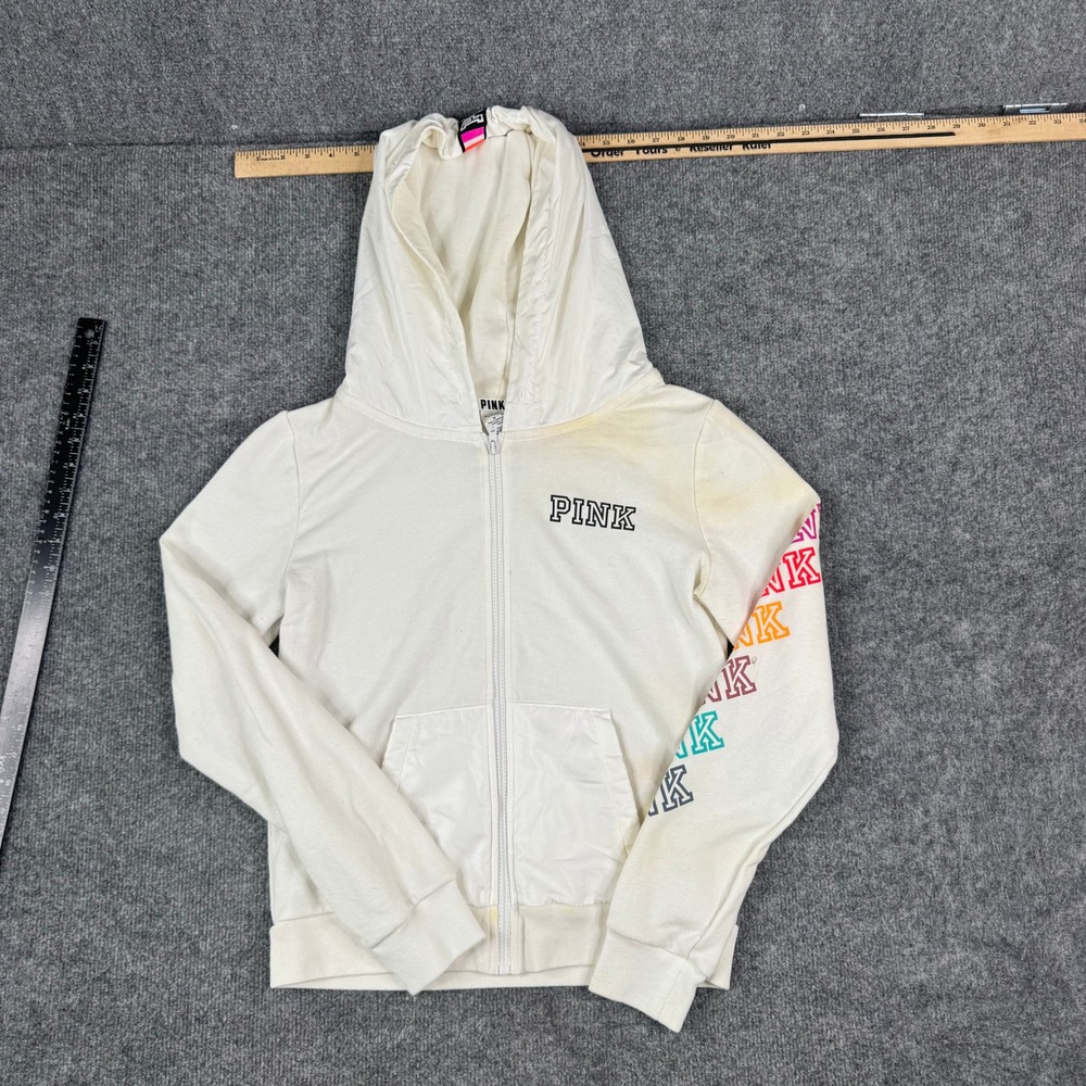 PINK Hoodie Womens Size M White Rainbow Logo Full Zip Cotton Blend Stained Fair